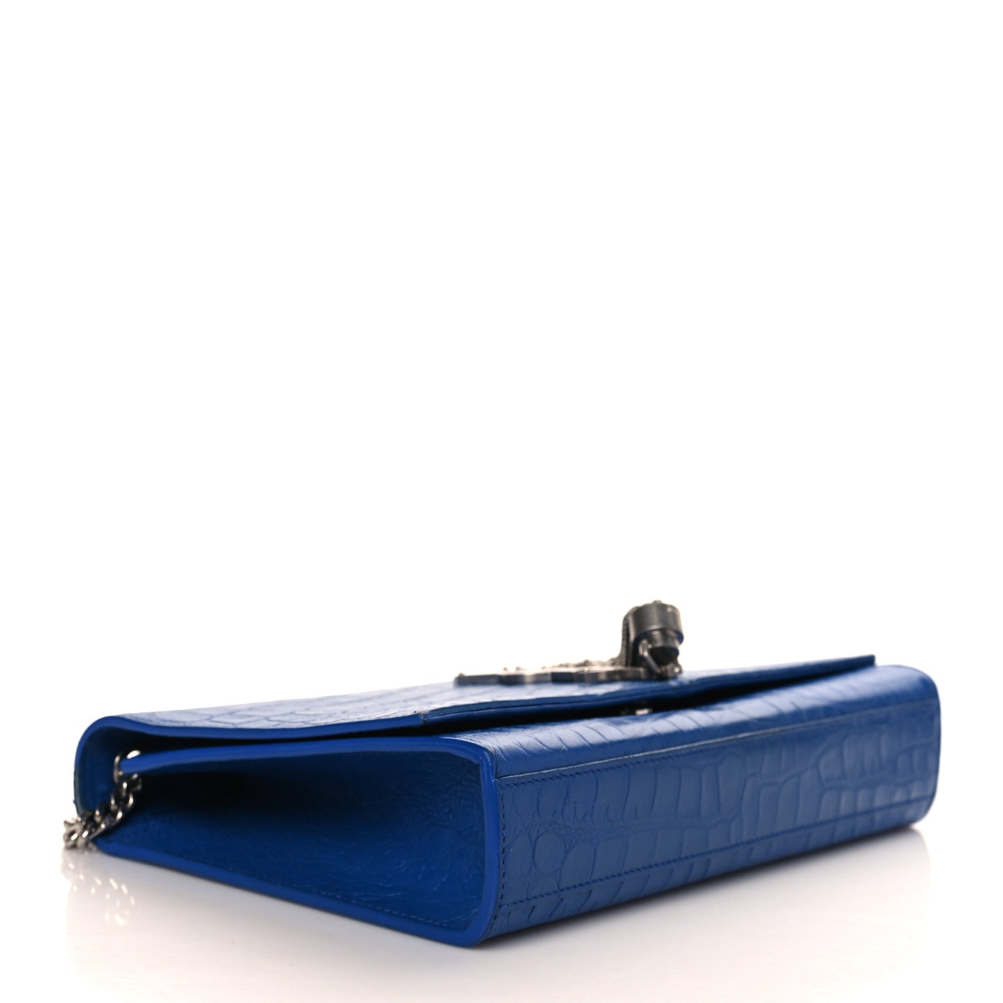 Calfskin Crocodile Embossed Medium Classic Monogram Kate Tassel Satchel Bleu Majorelle