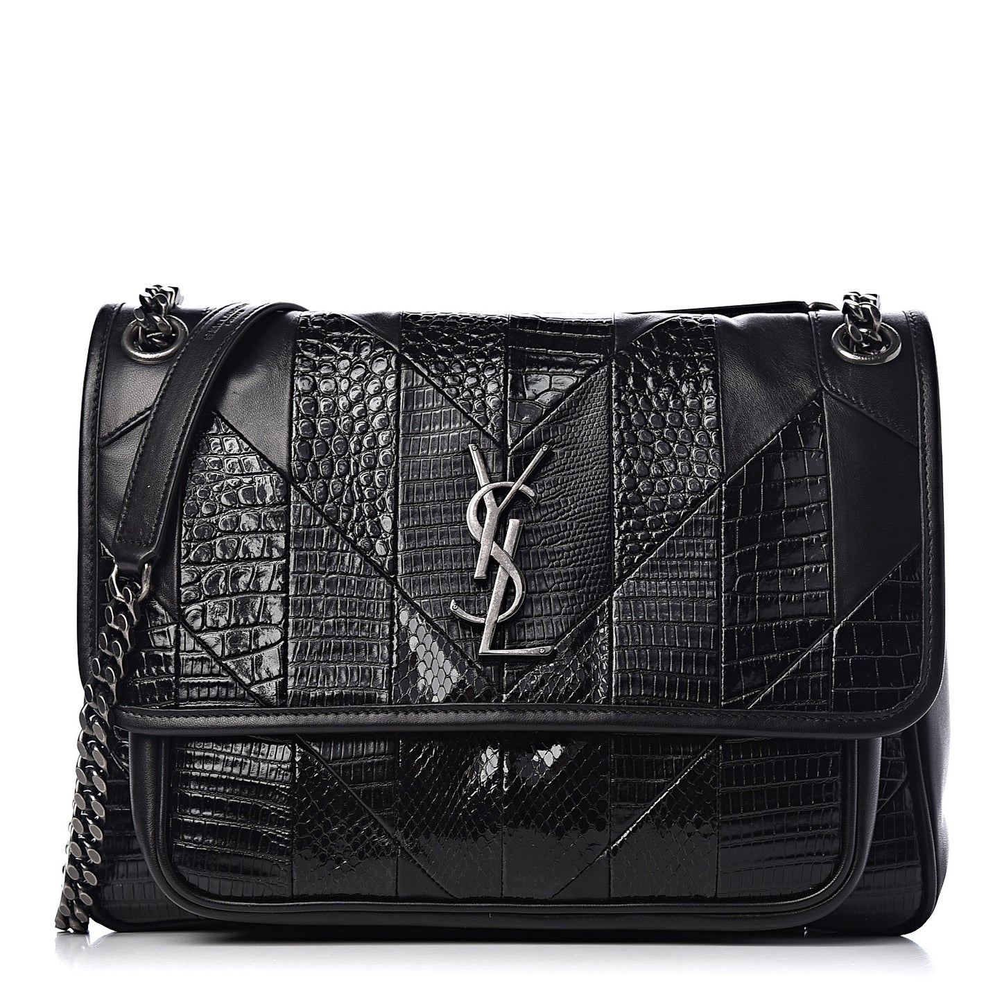 Calfskin Ayers Patchwork Monogram Medium Niki Chain Satchel Black
