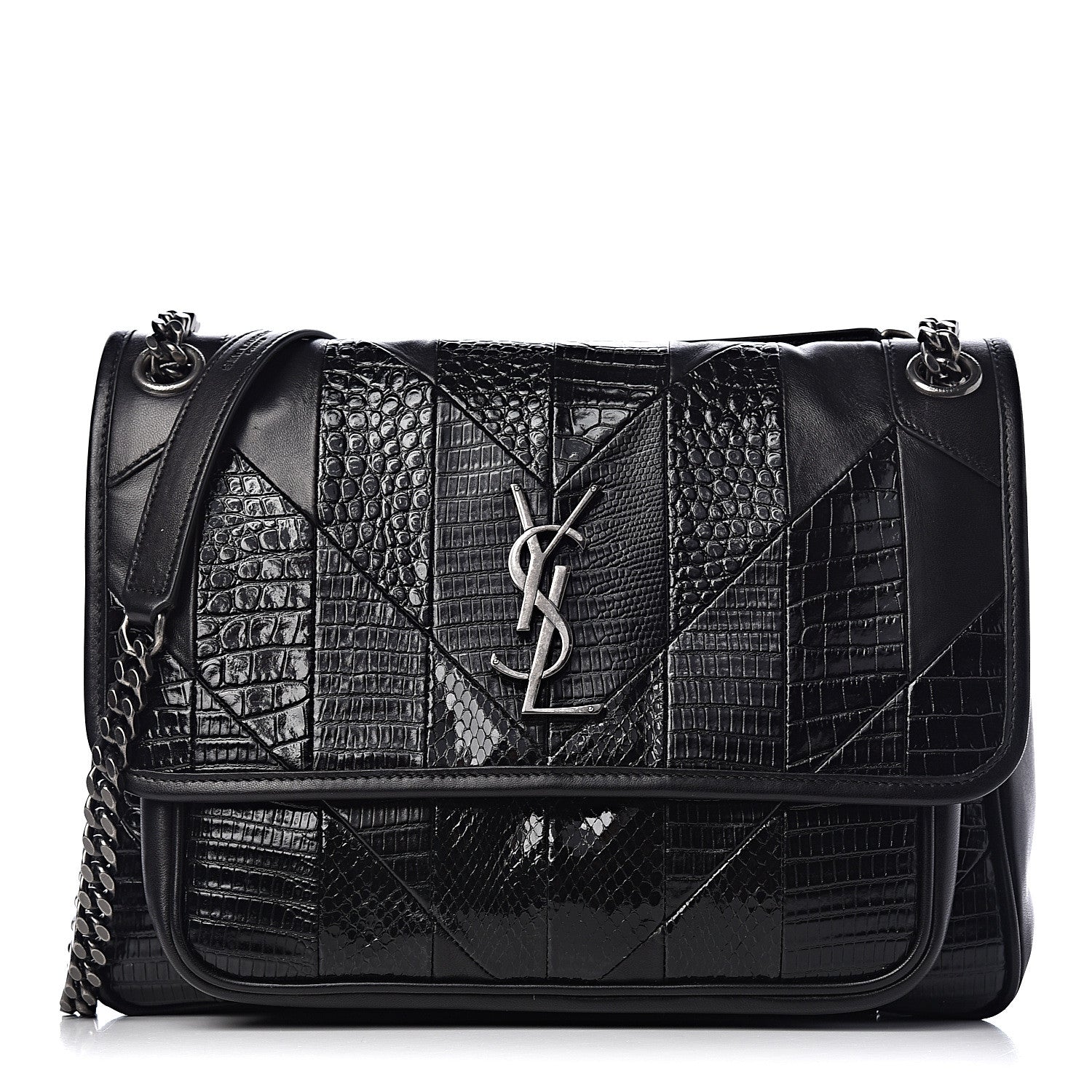 Saint Laurent Calfskin Ayers Patchwork Monogram Medium Niki Chain Satchel Black 1 of 12