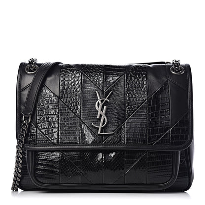 Saint Laurent Calfskin Ayers Patchwork Monogram Medium Niki Chain Satchel Black 1 of 12