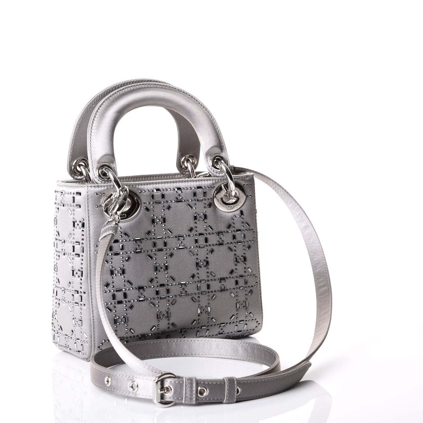 Satin Crystal Cannage Mini Lady Dior Gray