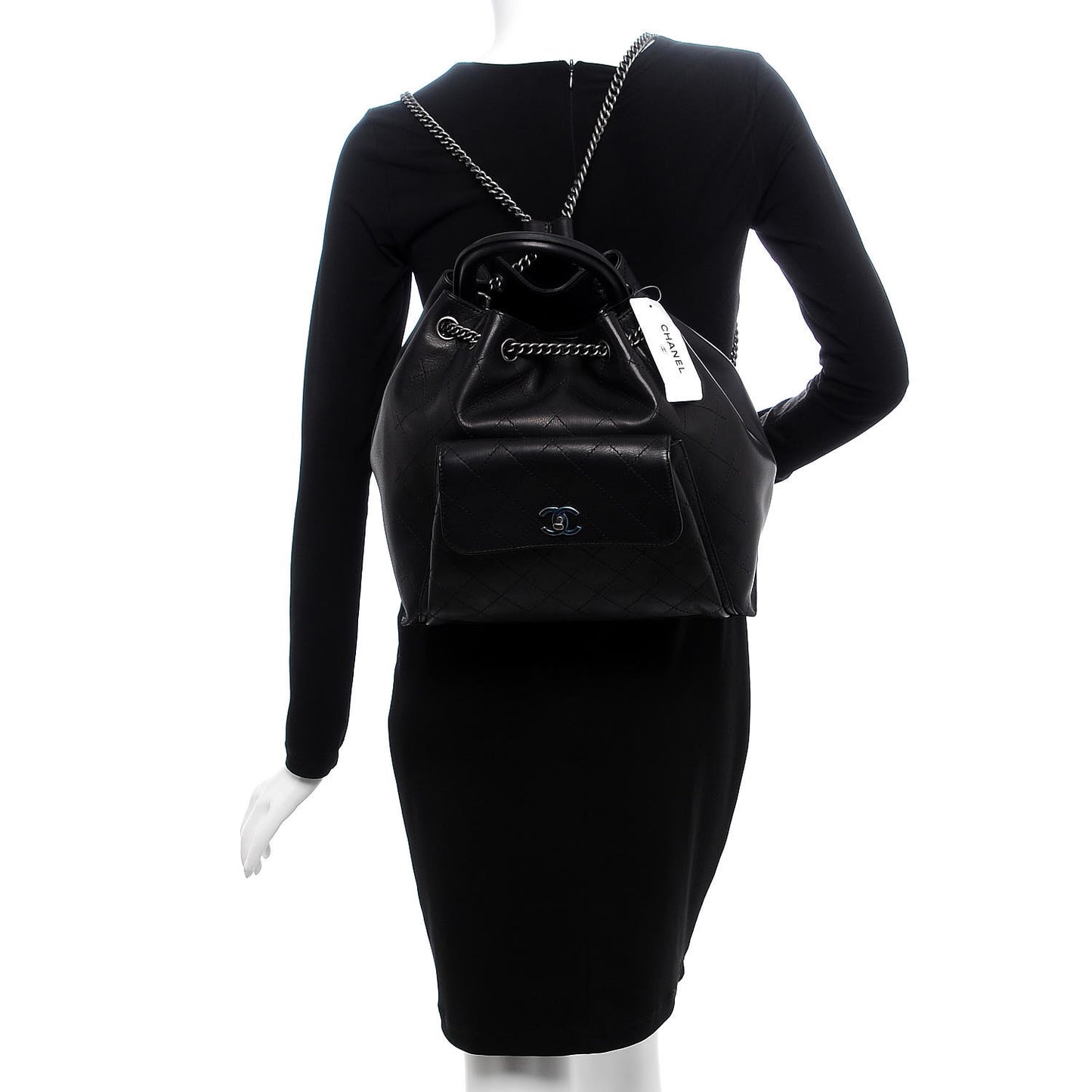 Calfskin Stitched Large Urban Luxury Drawstring Backpack Black