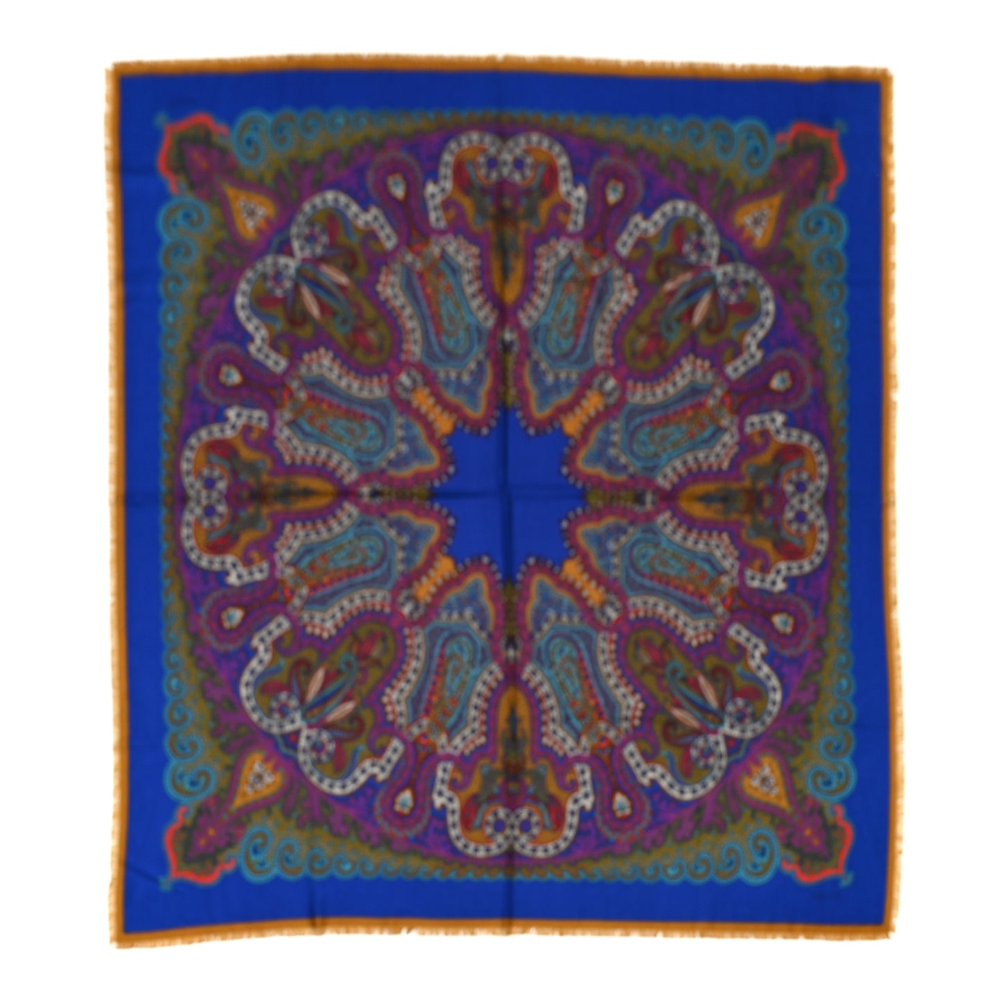 Wool Silk Paisley Print Fringe Shawl Blue Multicolor