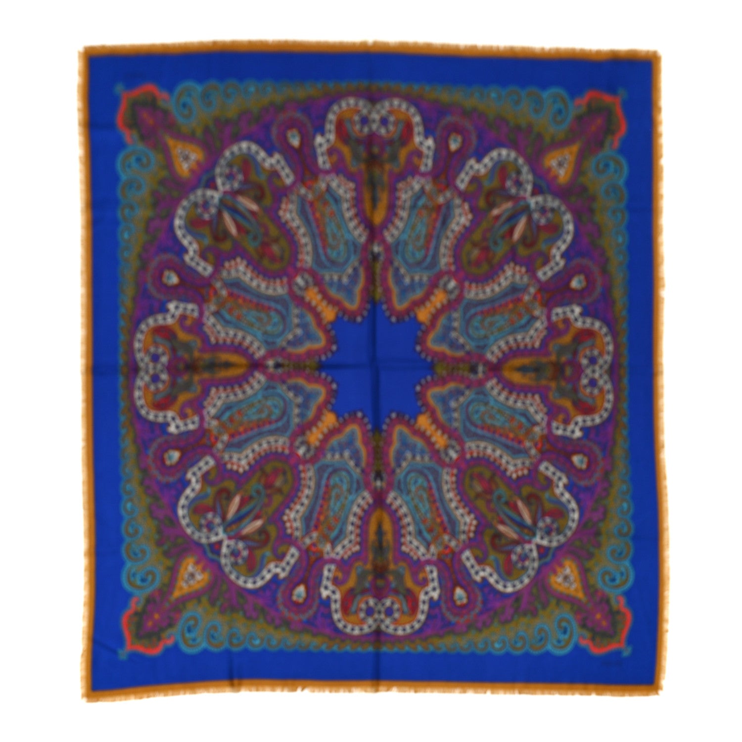 Gucci Wool Silk Paisley Print Fringe Shawl Blue Multicolor 1 of 3