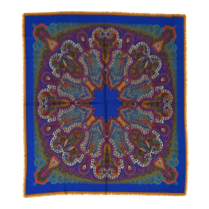 Gucci Wool Silk Paisley Print Fringe Shawl Blue Multicolor 1 of 3