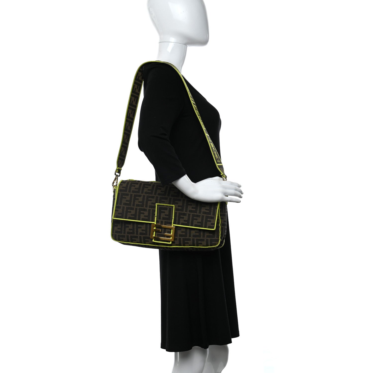 Fendi Fabric Jacquard FF 1974 Large Baguette Tobacco Moro Giallo Fluo 2 of 9