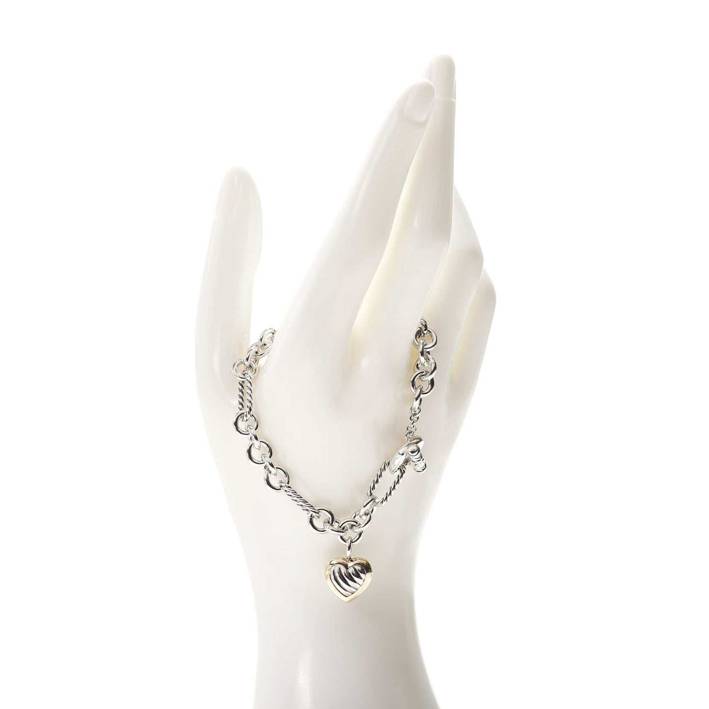 Sterling Silver 18K Yellow Gold Cable Heart Charm Bracelet