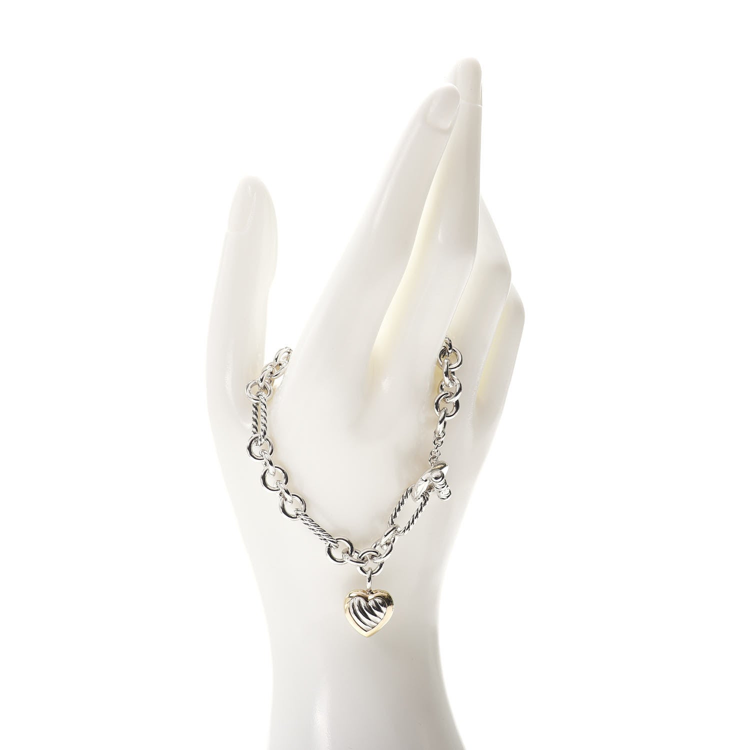 David Yurman Sterling Silver 18K Yellow Gold Cable Heart Charm Bracelet 2 of 4
