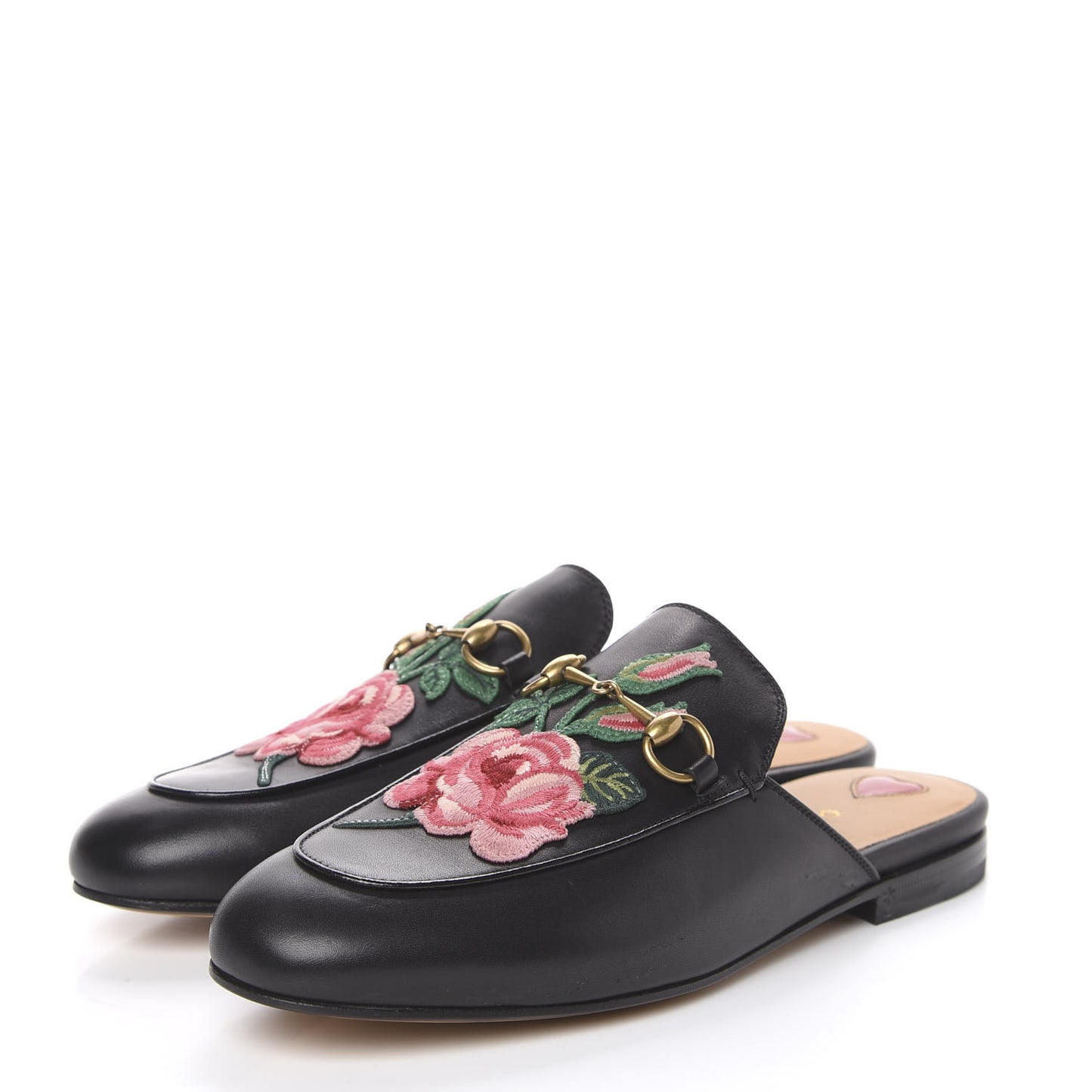 Calfskin Flower Embroidered Womens Princetown Slippers 38 Black