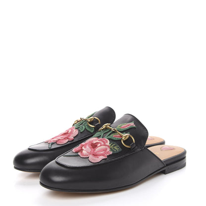 Gucci Calfskin Flower Embroidered Womens Princetown Slippers 38 Black 3 of 9