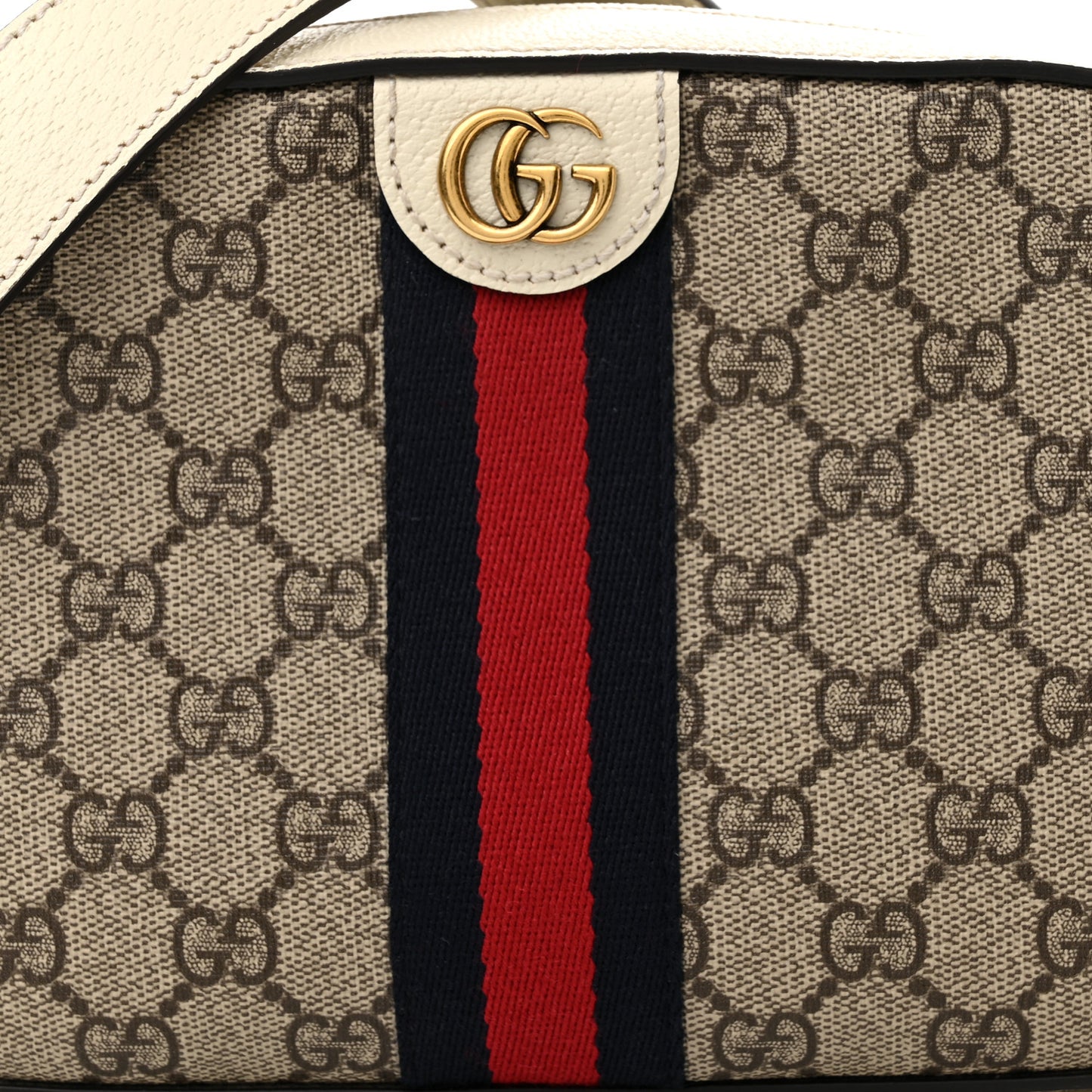 GG Supreme Monogram Textured Calfskin Web Small Ophidia Camera Bag Beige Ebony Mystic White