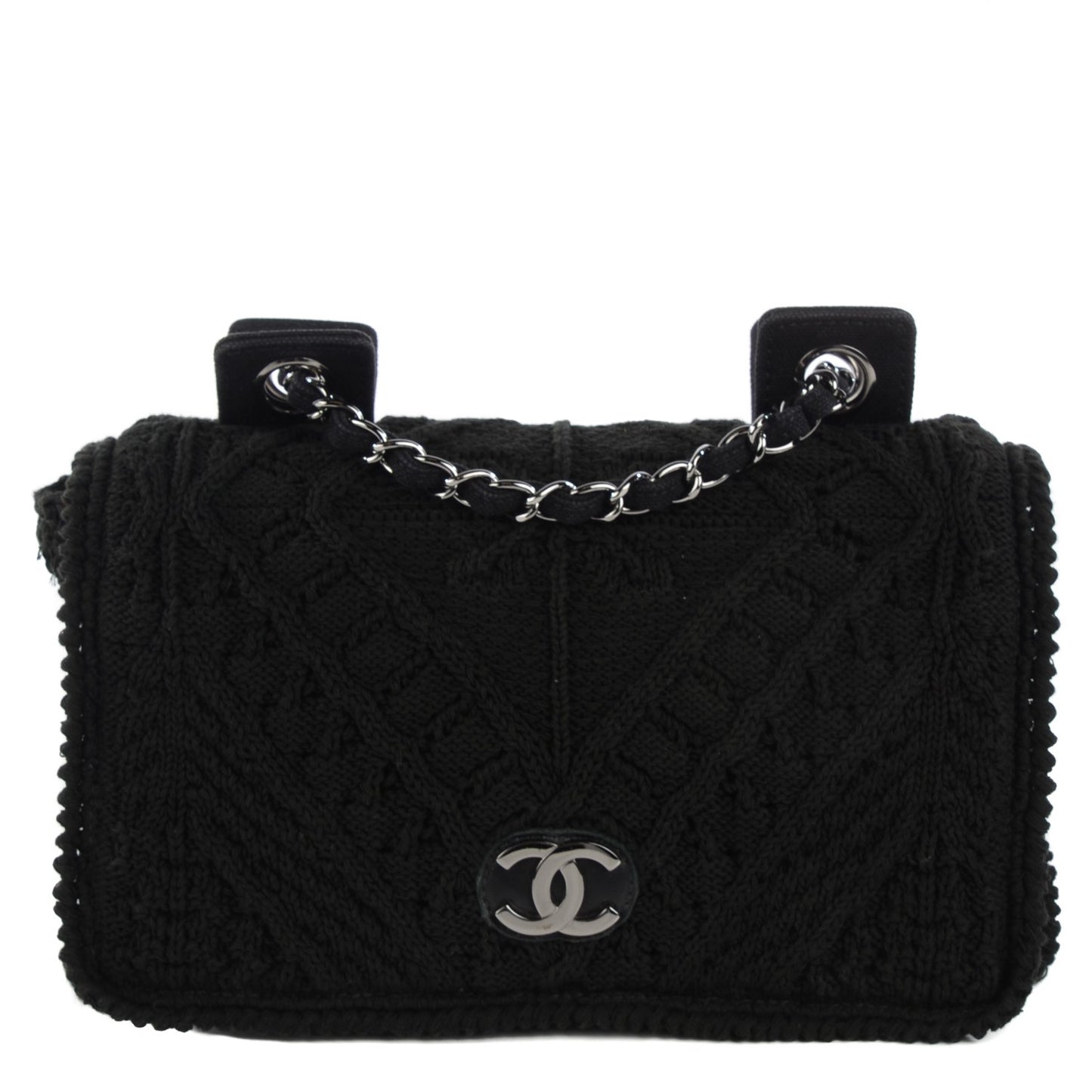 Woven Crochet Knit Medium Flap Black