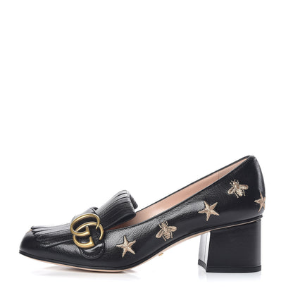 Gucci Quentin Goatskin Bee Star Embroidered GG Marmont Fringe 50mm Loafer Pumps 38 Black 1 of 10