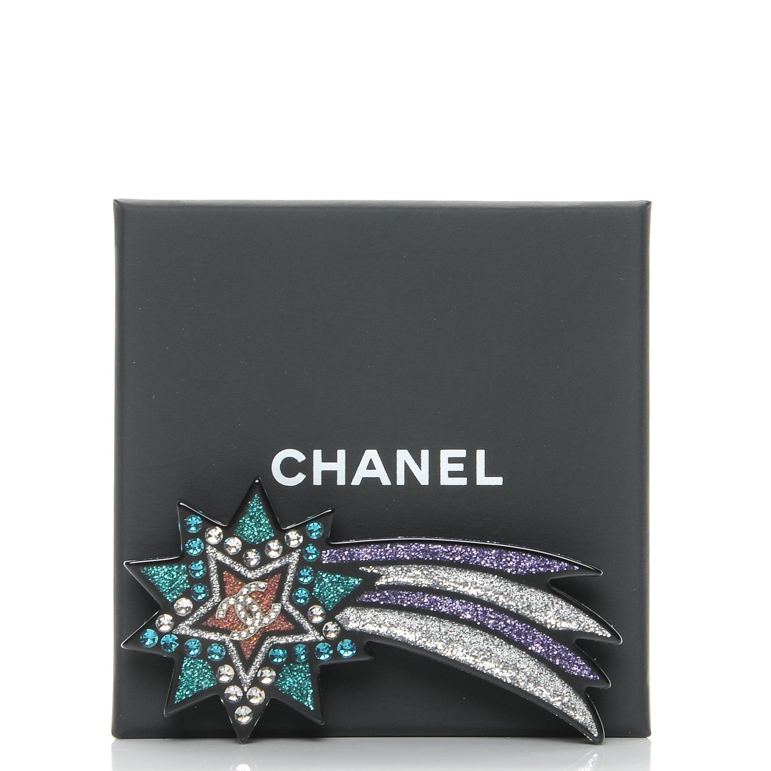 Chanel Glitter Resin CC Shooting Star Brooch Black Purple Green 5 of 5