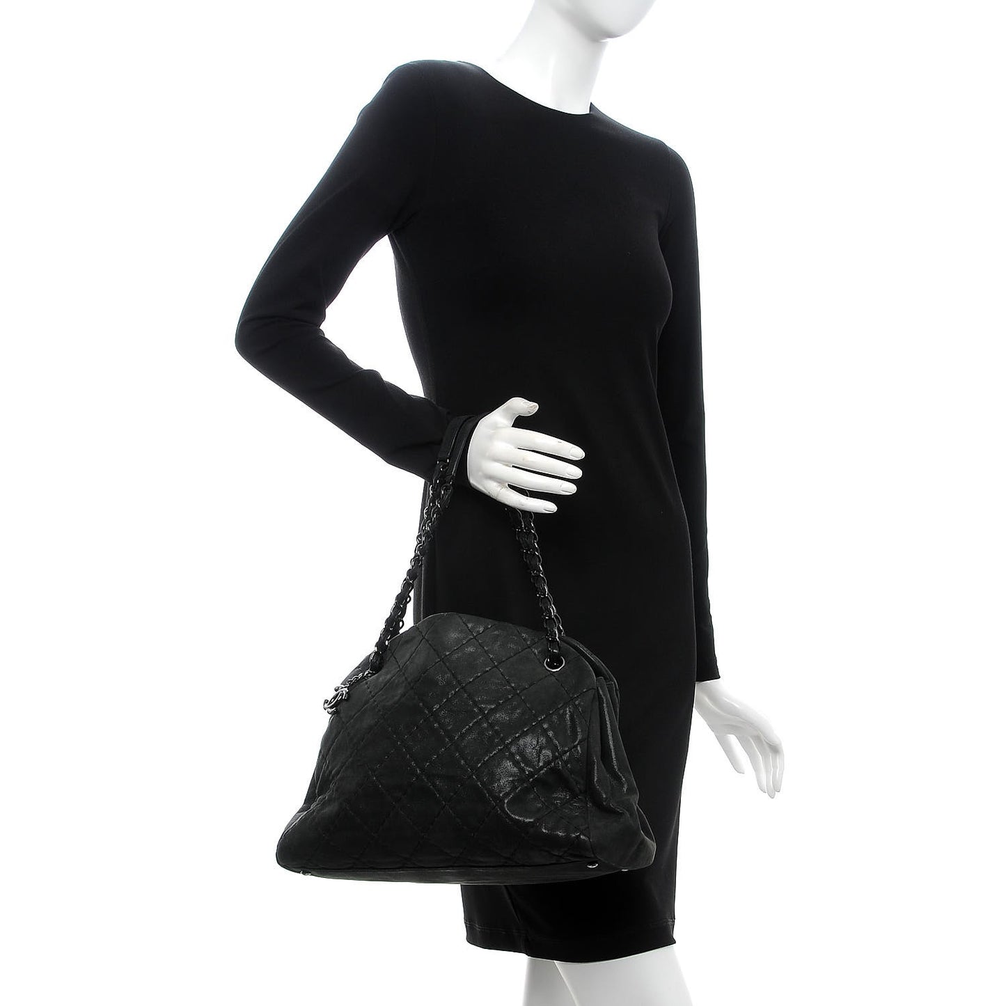 Iridescent Calfskin Large Just Mademoiselle Bowling Bag Black