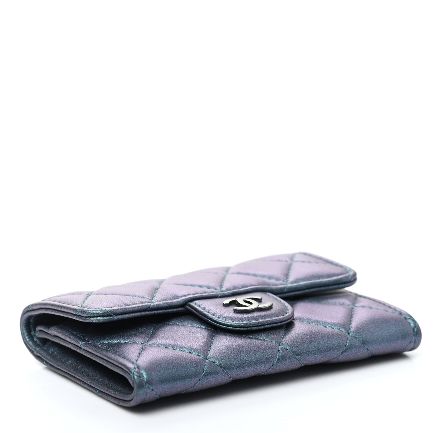 Iridescent Lambskin Quilted Flap Card Holder Turquoise