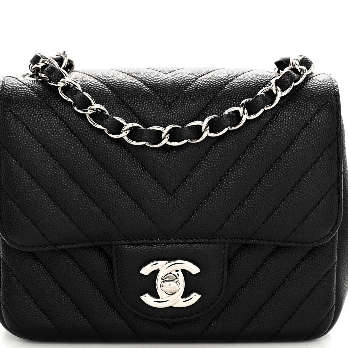 Caviar Chevron Quilted Mini Square Flap Black