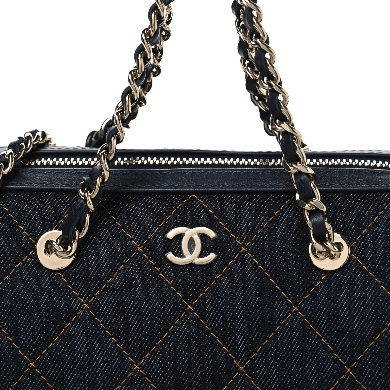 Chanel Denim Quilted Barrel Clutch With Chain Dark Blue Orange 8 of 11