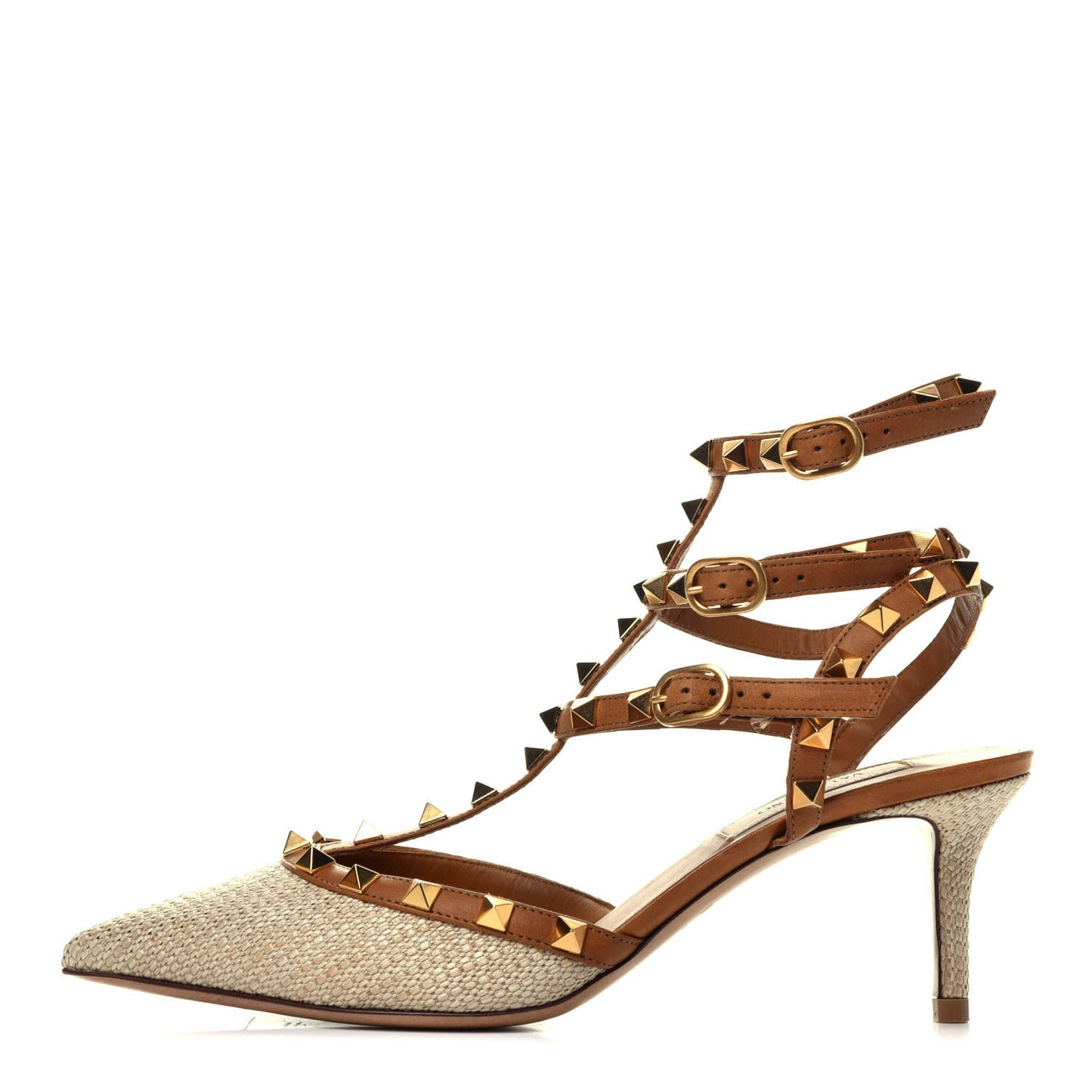 Raffia Calfskin Rockstud Ankle Strap 65mm Pumps 37.5 Natural Saddle Brown