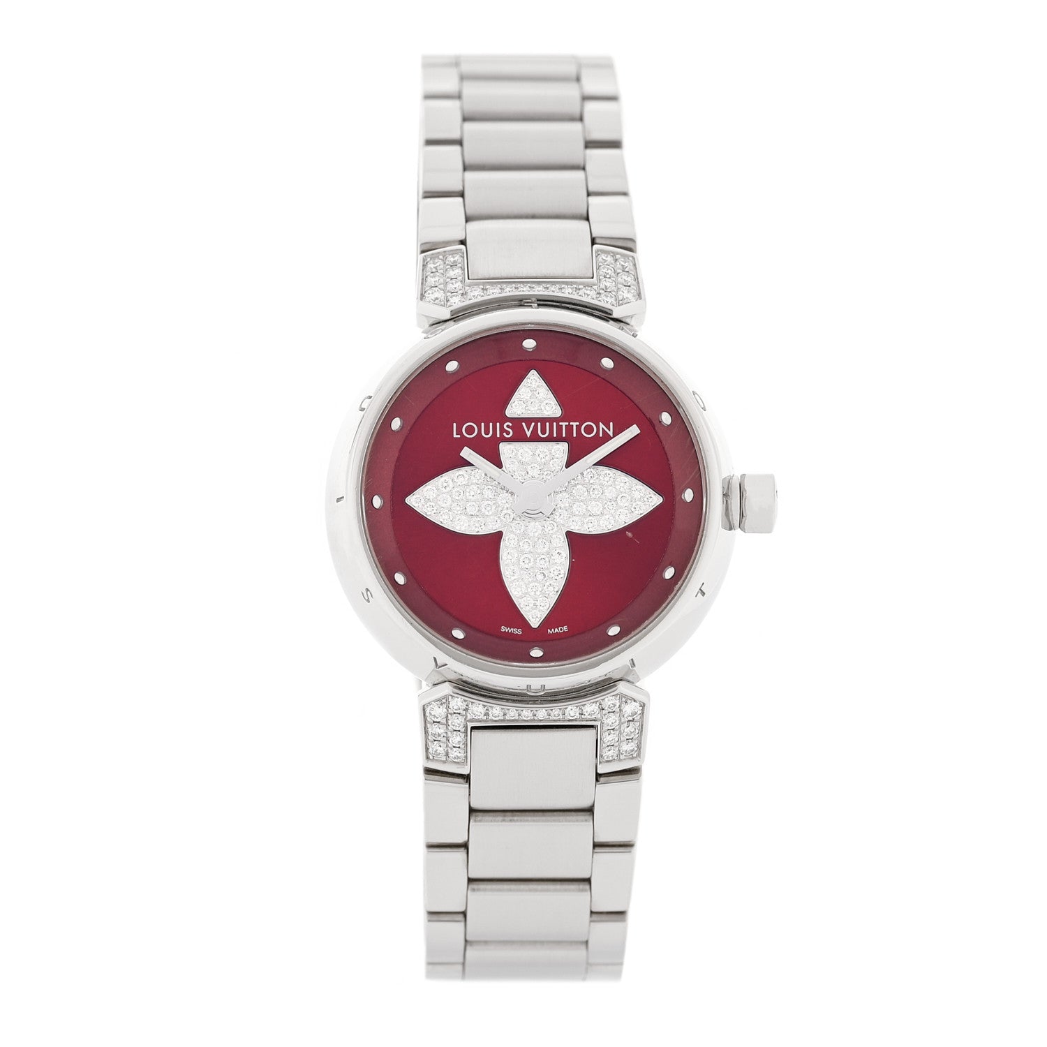 Louis Vuitton Stainless Steel Diamond 28mm Tambour Forever Pom Quartz Watch Red 1 of 8