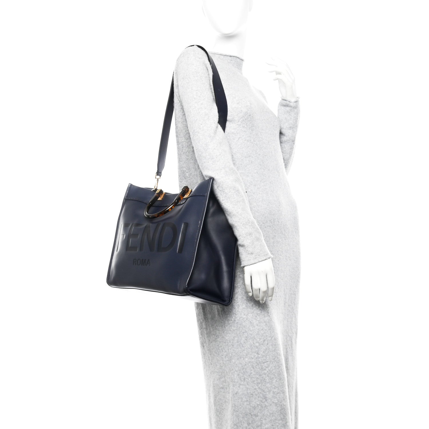 Fendi Vitello King Plexiglass Logo Embossed Medium Fendi Sunshine Shopper Tote Midnight 2 of 10