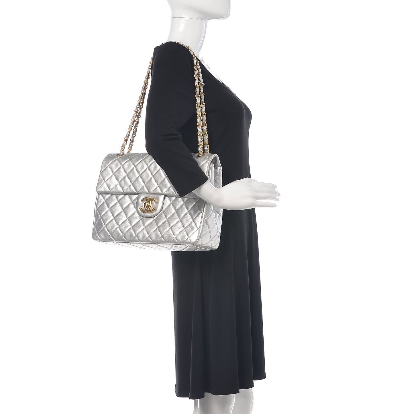 Metallic Lambskin Quilted Maxi Single Flap Silver