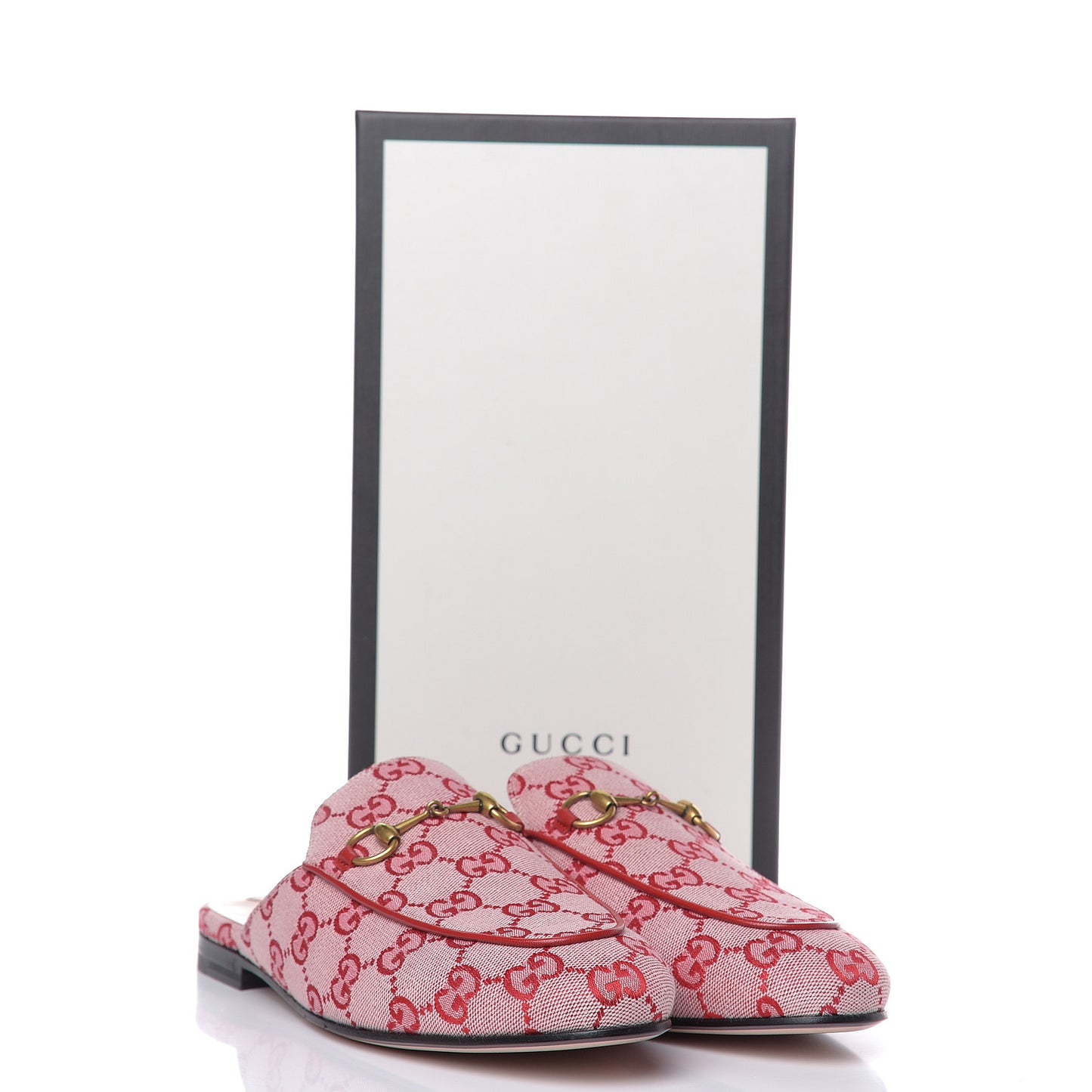 Canvas GG Monogram Horsebit Womens Princetown Slippers 38.5 Gardenia Hibiscus Red