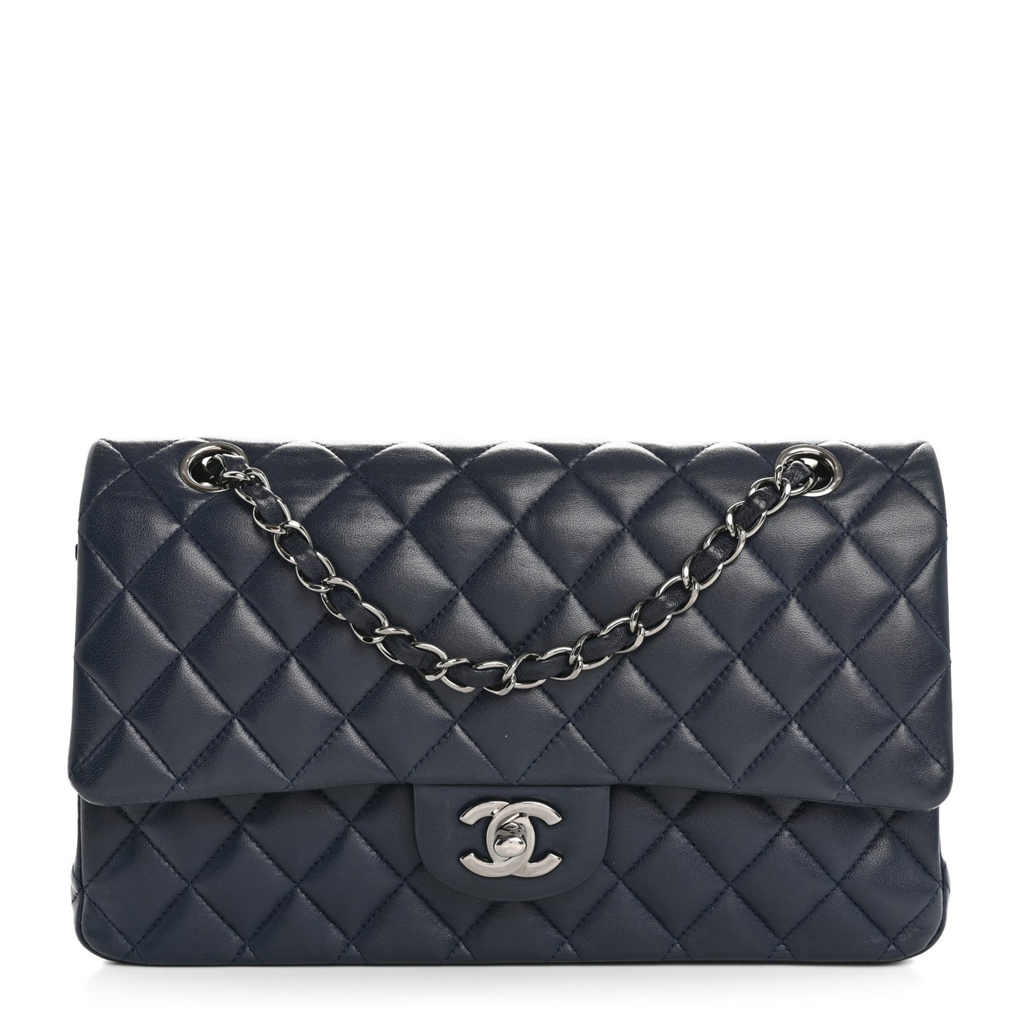 Lambskin Quilted Medium Double Flap Navy