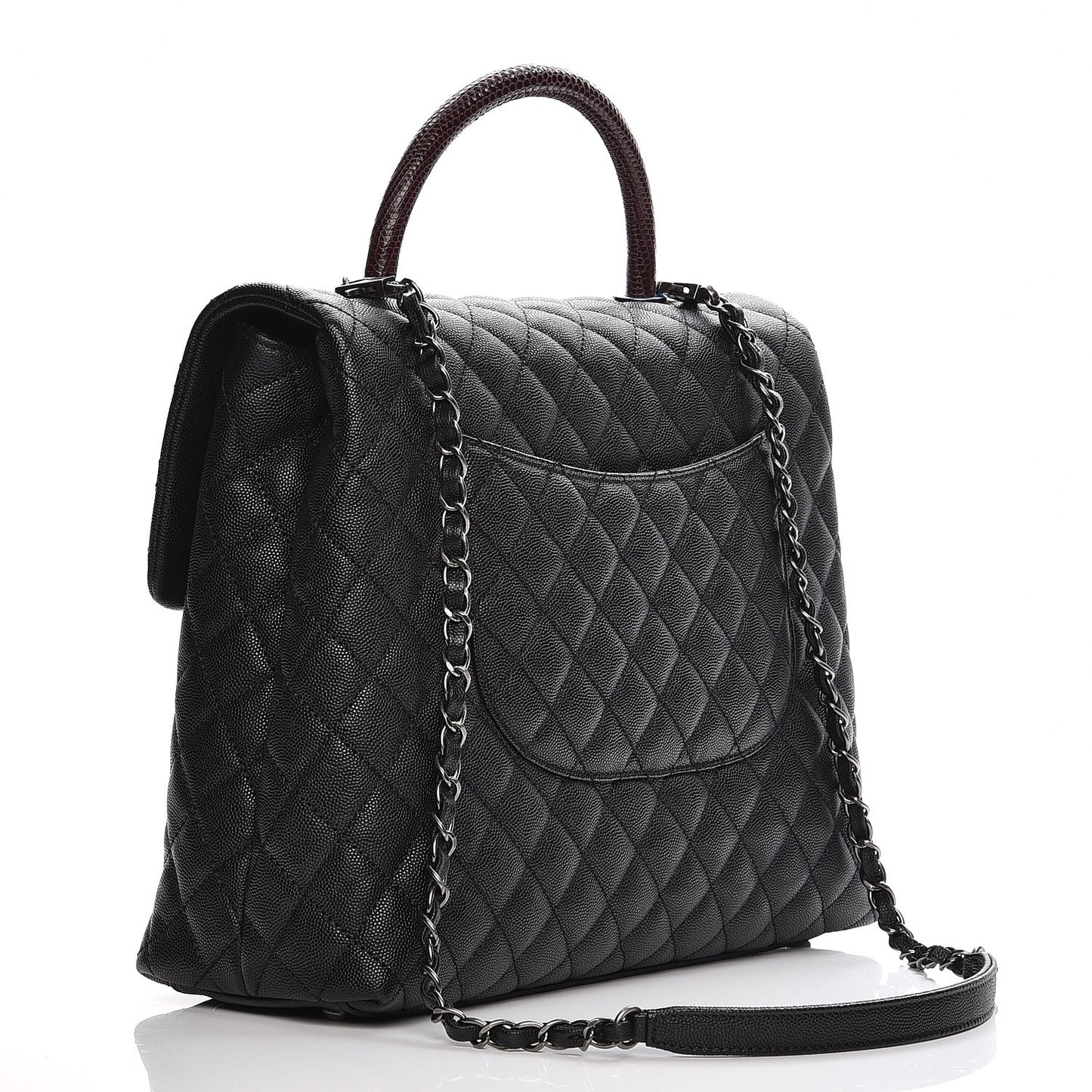 Caviar Lizard Quilted Large Coco Handle Flap Black