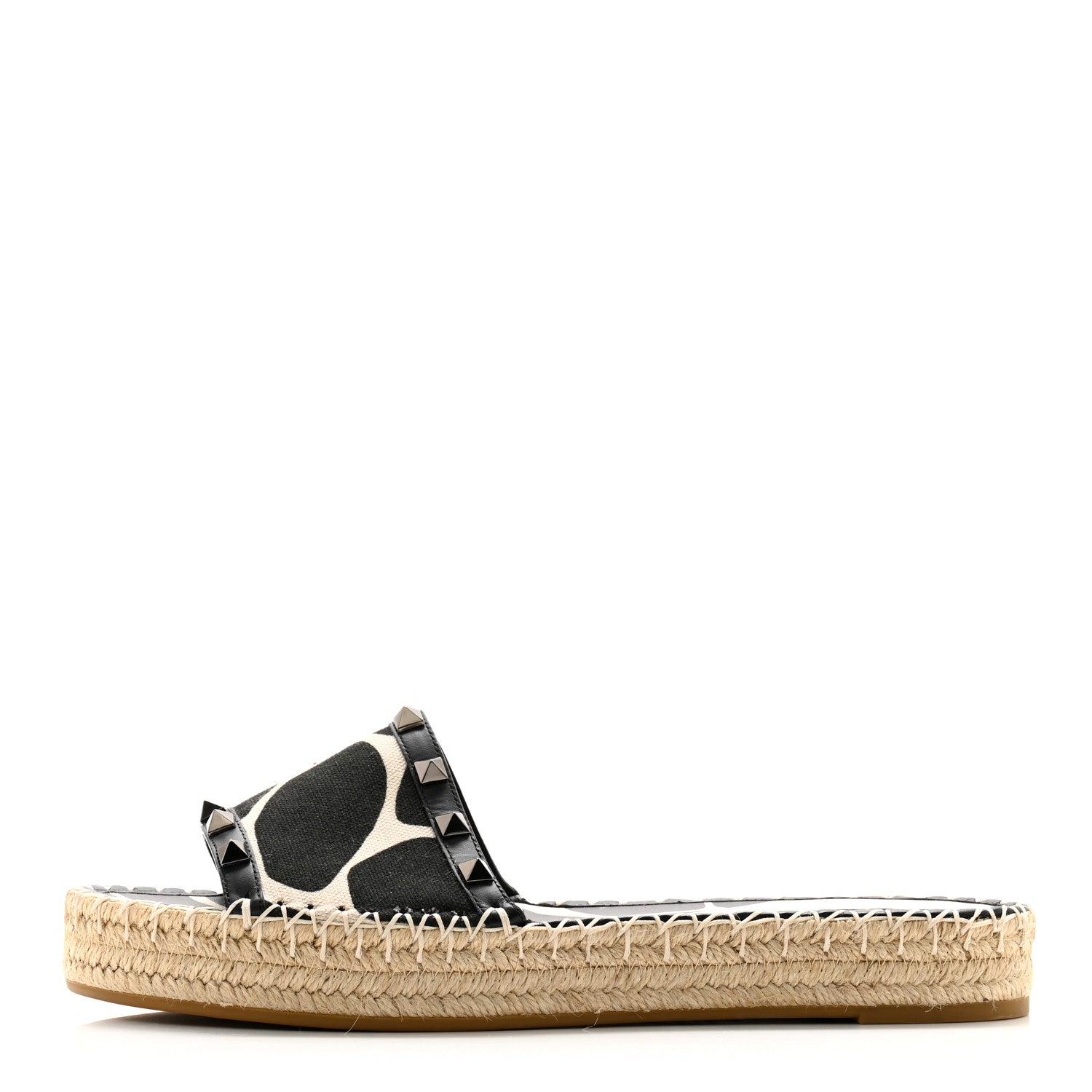 Valentino Garavani Canvas Giraffe Rockstud Espadrille Flat Slide Sandals 39 Black White 1 of 9