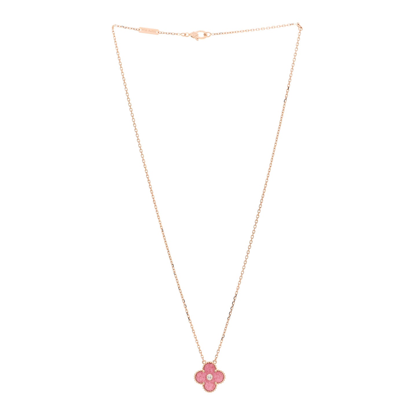18K Rose Gold Diamond Rhodonite Vintage Alhambra Pendant Necklace