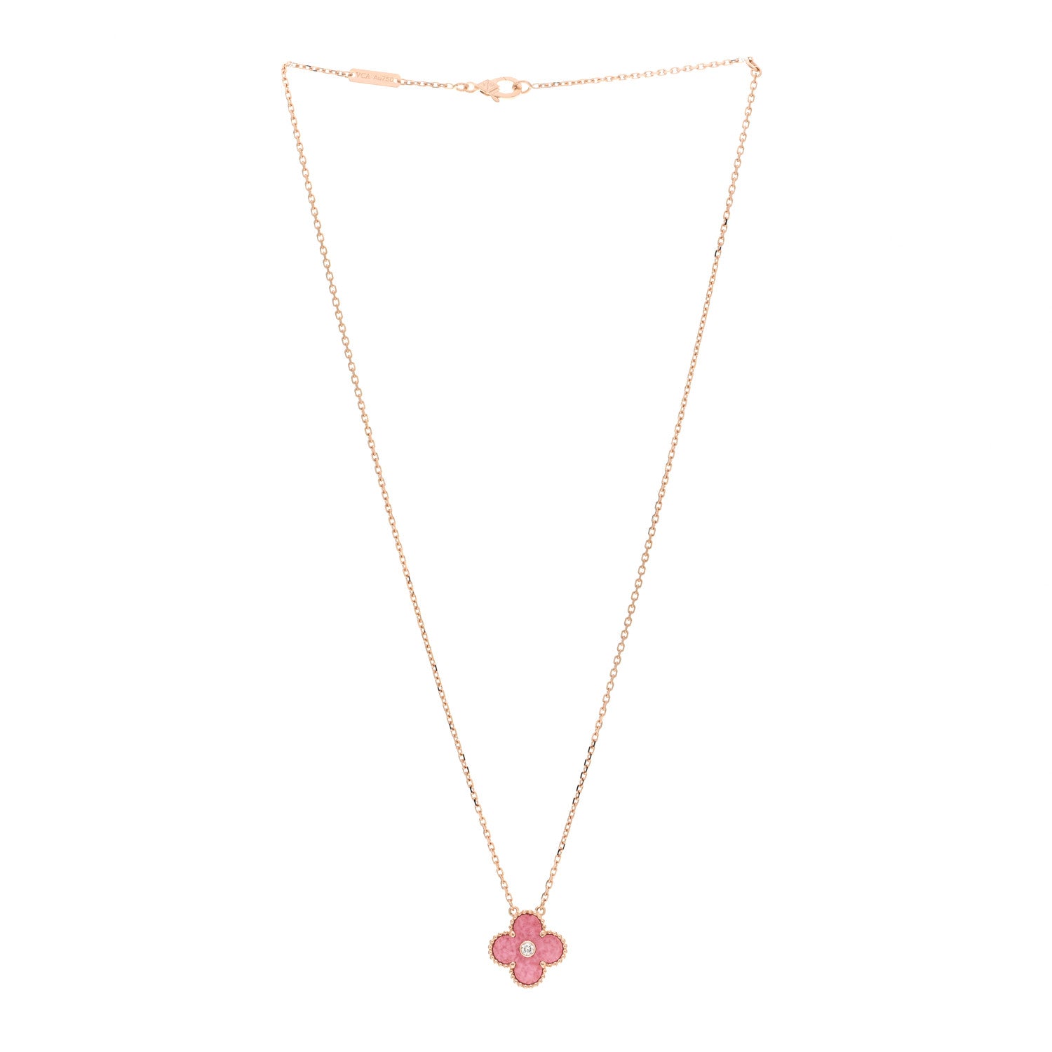 Van Cleef & Arpels 18K Rose Gold Diamond Rhodonite Vintage Alhambra Pendant Necklace 3 of 6