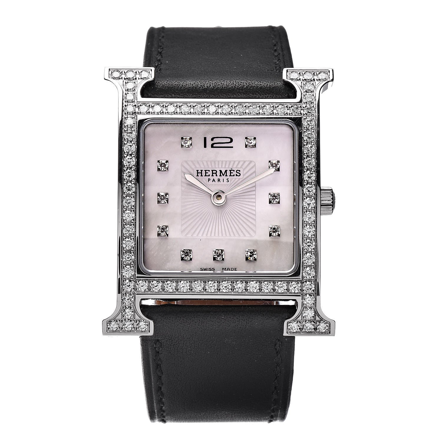 Hermes Stainless Steel Barenia Diamond Bezel Mother of Pearl 26mm Heure H Hour Quartz Watch Noir 1 of 10