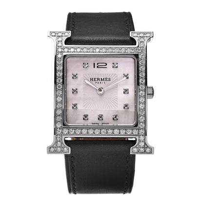 Hermes Stainless Steel Barenia Diamond Bezel Mother of Pearl 26mm Heure H Hour Quartz Watch Noir 1 of 10