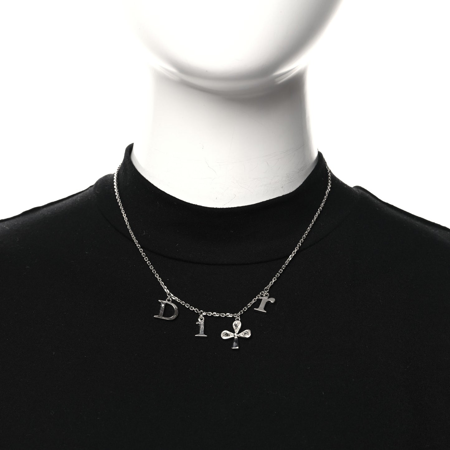 Metal Crystal Logo Clover Necklace Silver