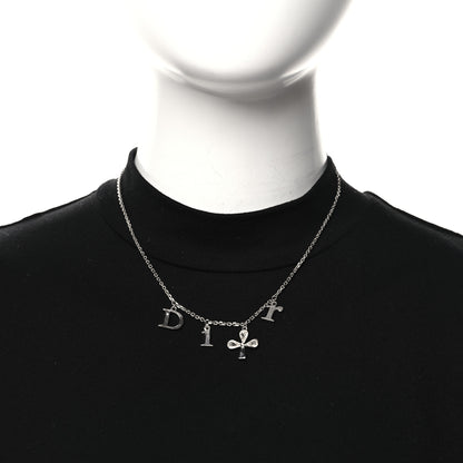 Christian Dior Metal Crystal Logo Clover Necklace Silver 2 of 5