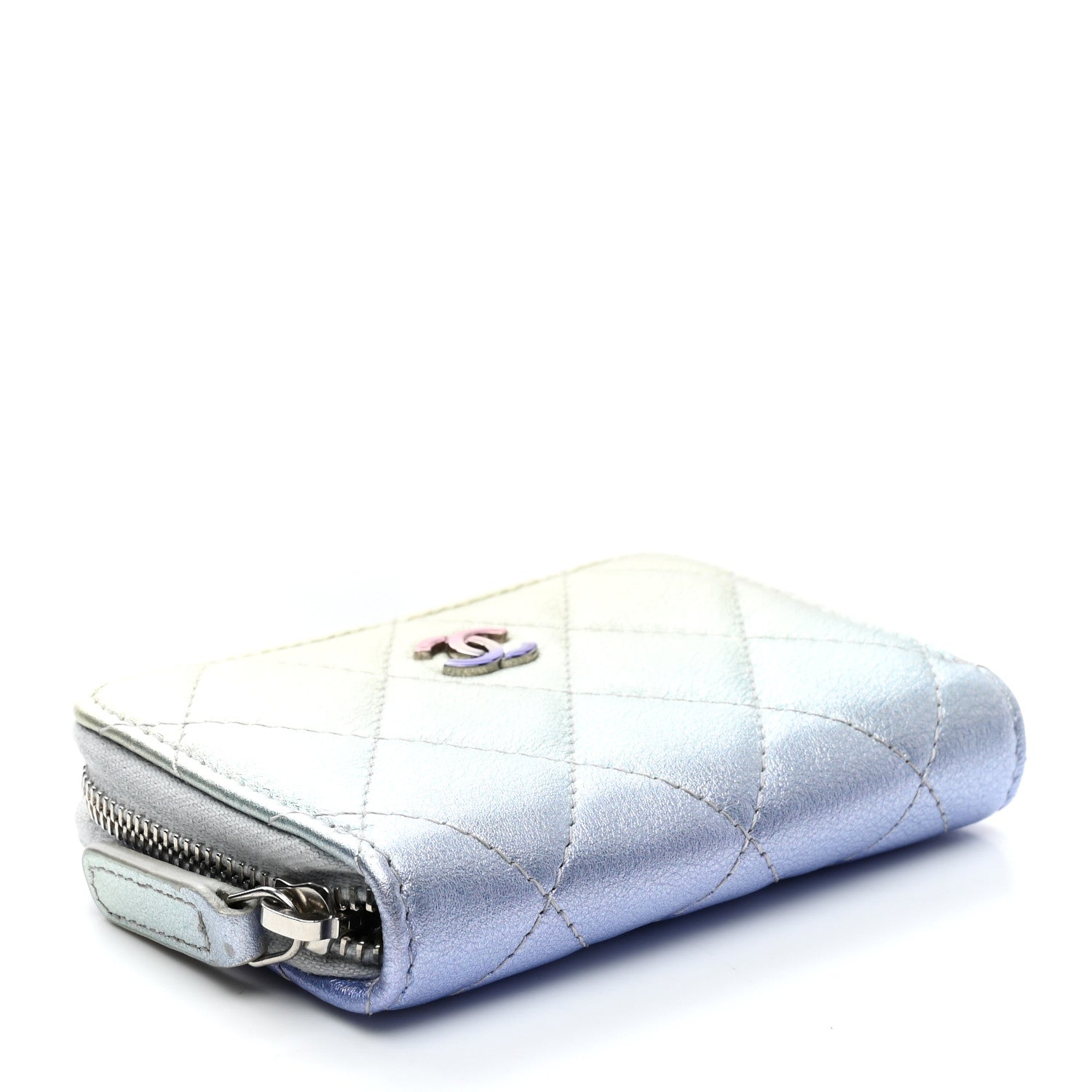 Chanel Gradient Metallic Calfskin Quilted Zip Around Coin Purse Wallet Silver Blue Yellow Purple 4 of 9