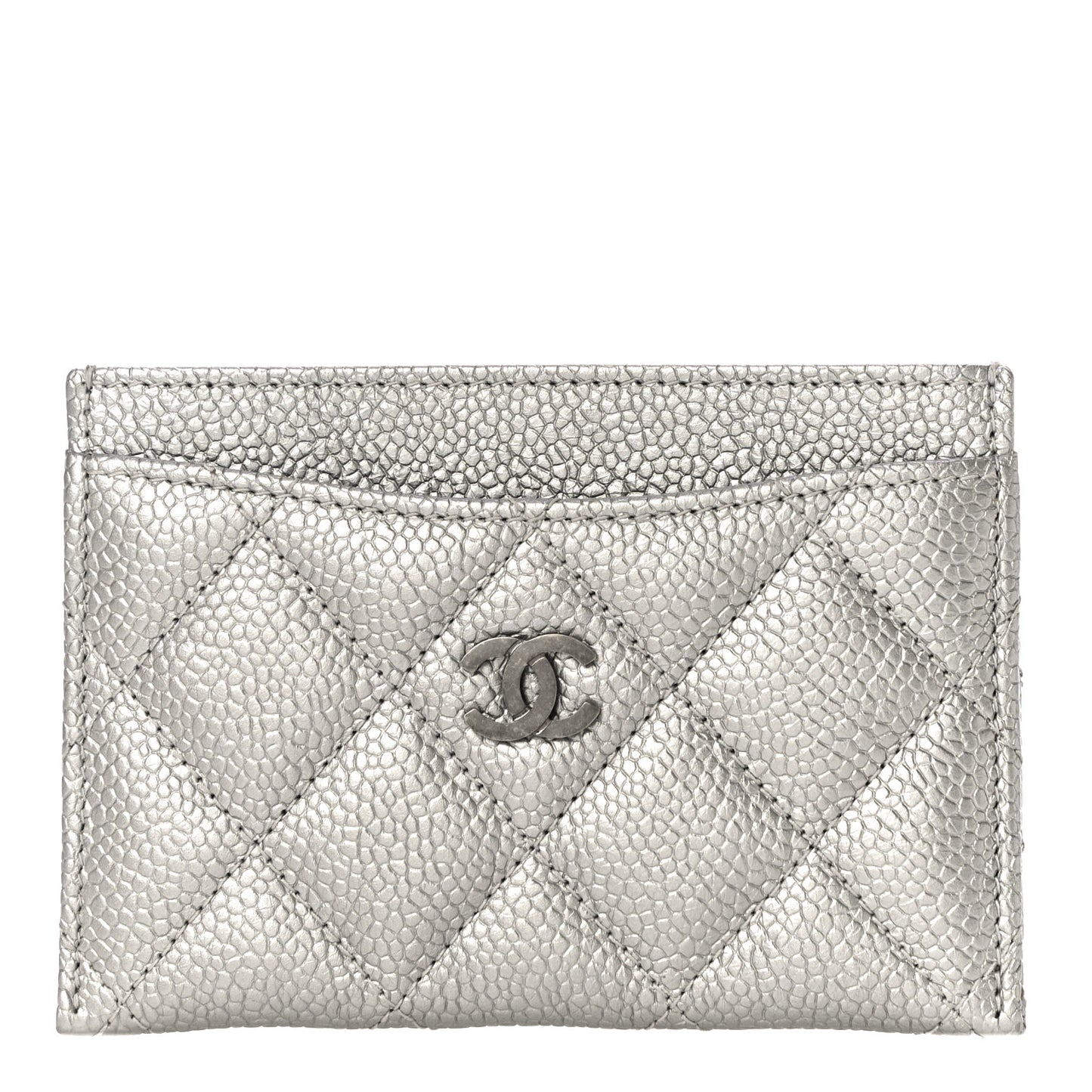 Metallic Caviar Quilted Card Holder Silver