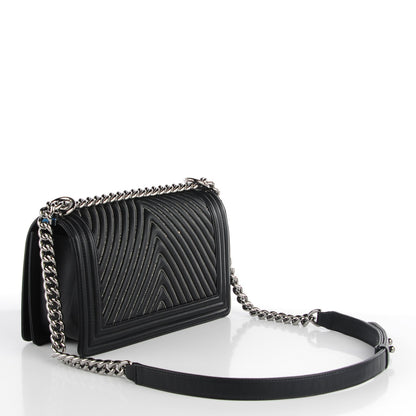 Chanel Calfskin Chevron Quilted Medium Chain Boy Flap Black 3 of 9