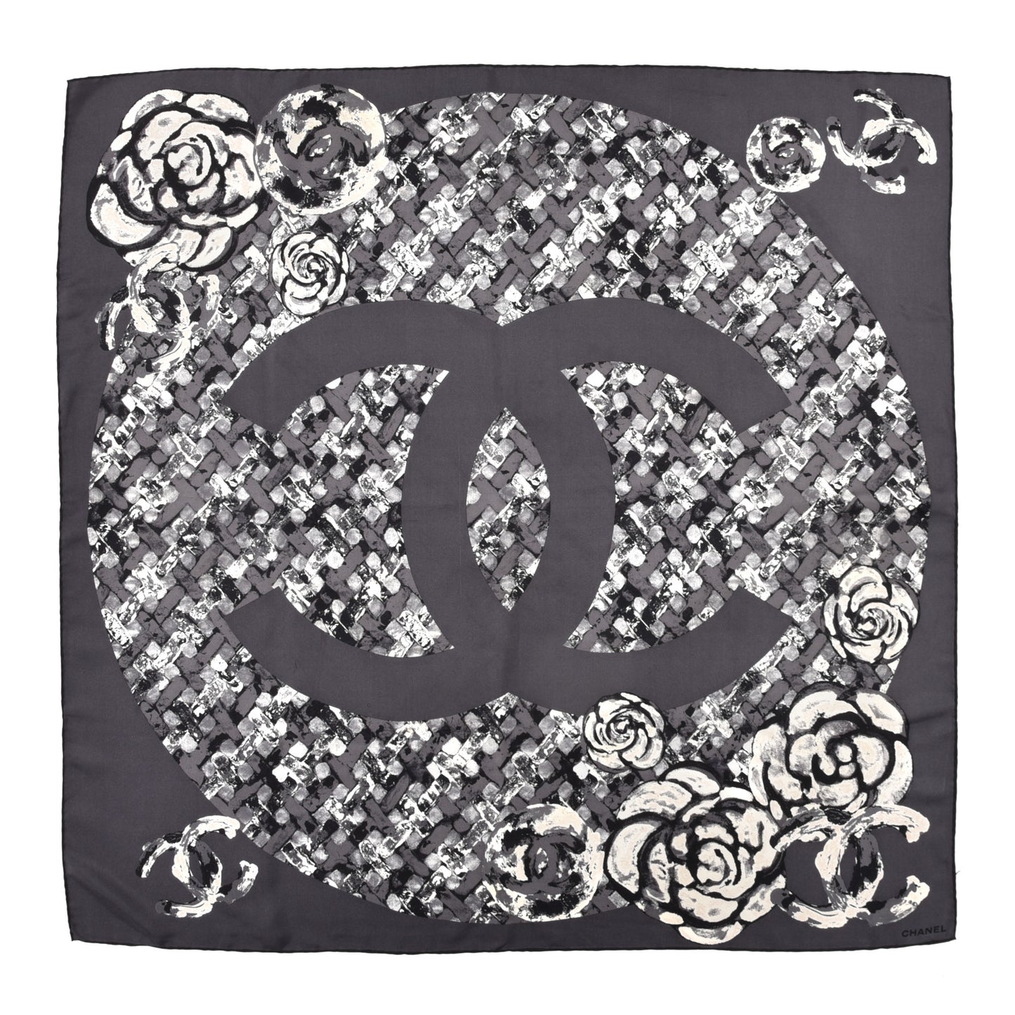 Silk Printed CC Camellia Scarf Grey White