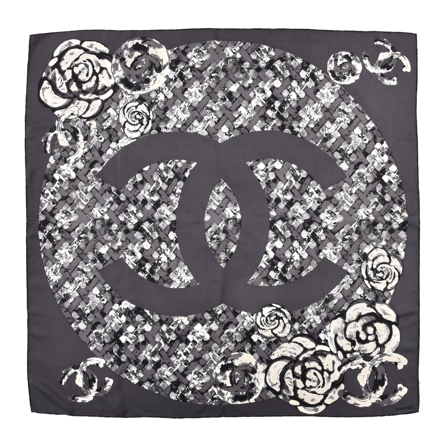 Chanel Silk Printed CC Camellia Scarf Grey White 1 of 3