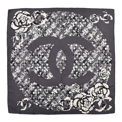 Chanel Silk Printed CC Camellia Scarf Grey White 1 of 3