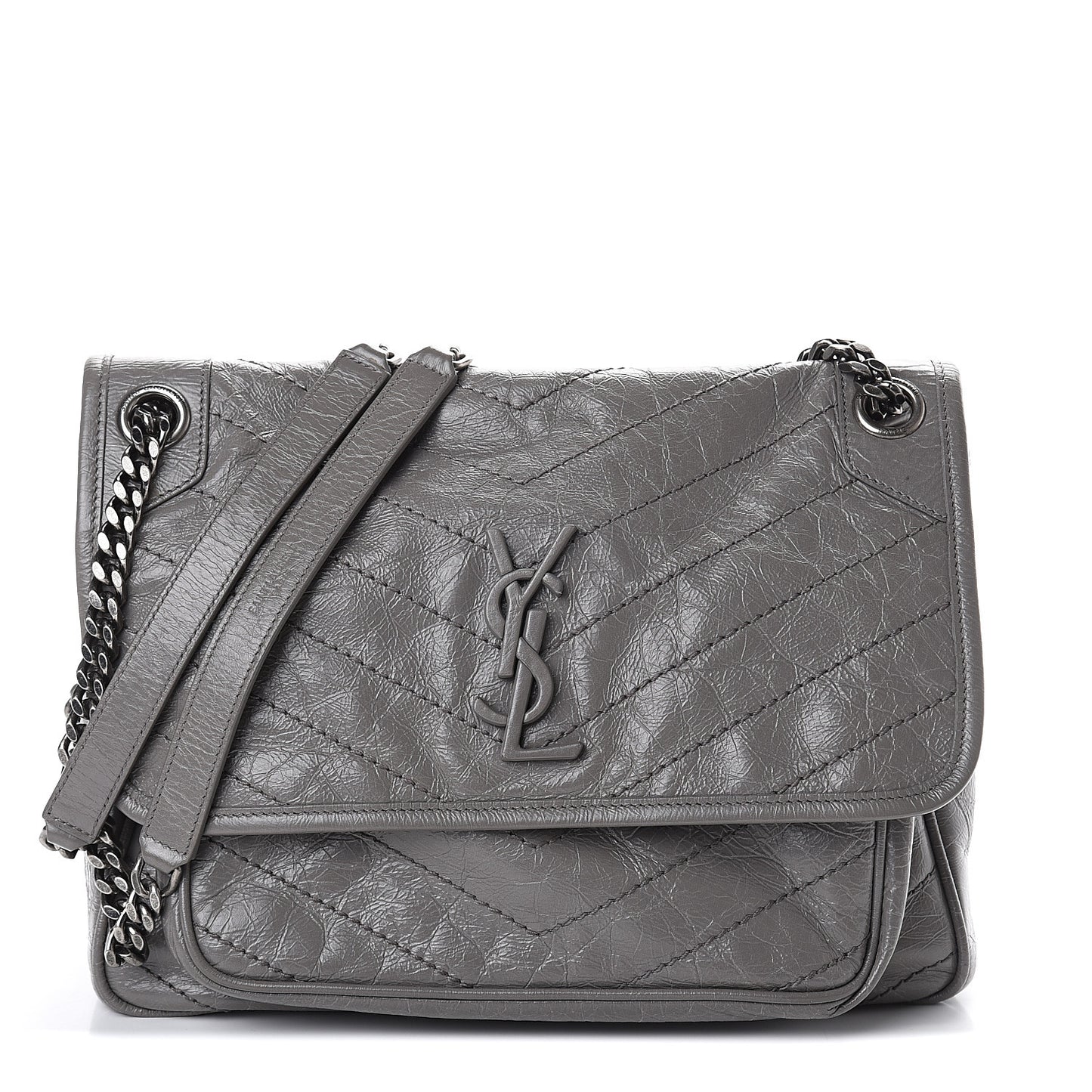 Crinkled Calfskin Matelasse Monogram Medium Niki Chain Satchel Fog