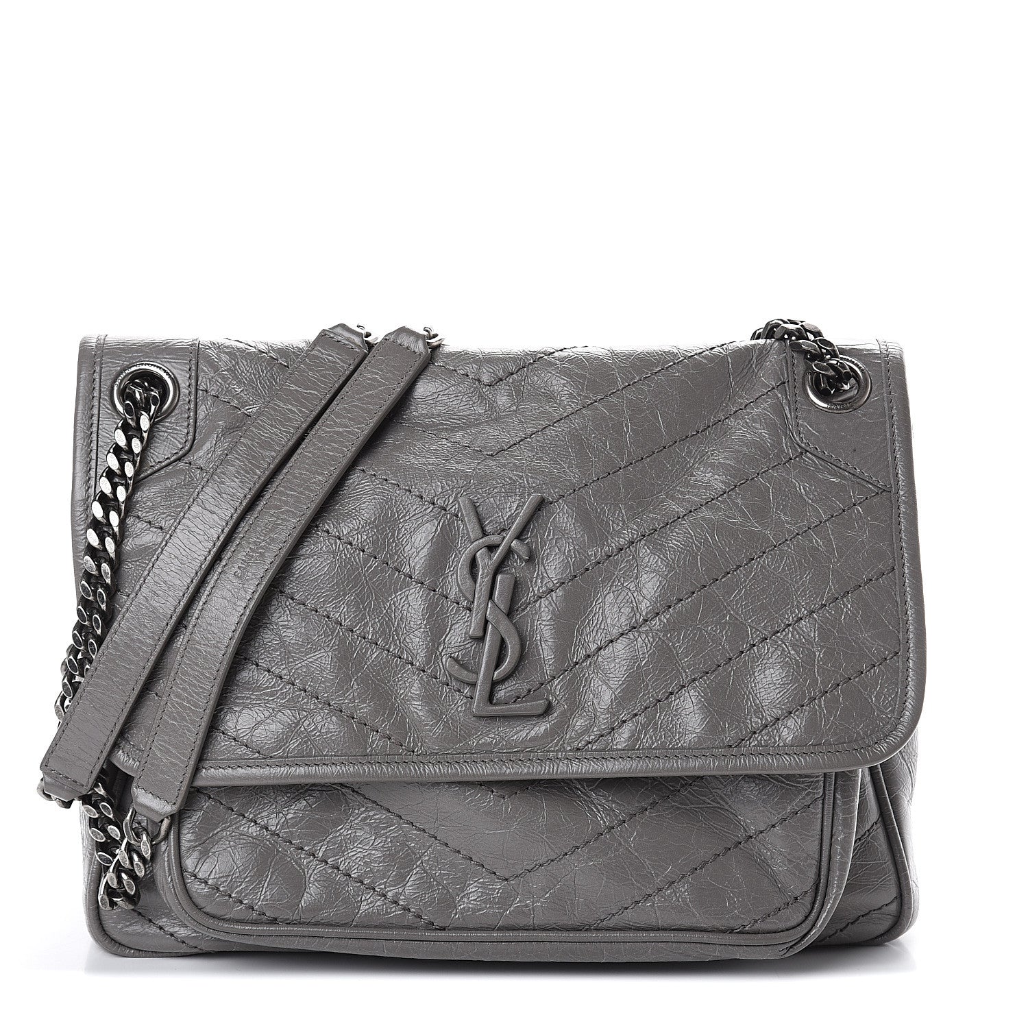 Saint Laurent Crinkled Calfskin Matelasse Monogram Medium Niki Chain Satchel Fog 1 of 8