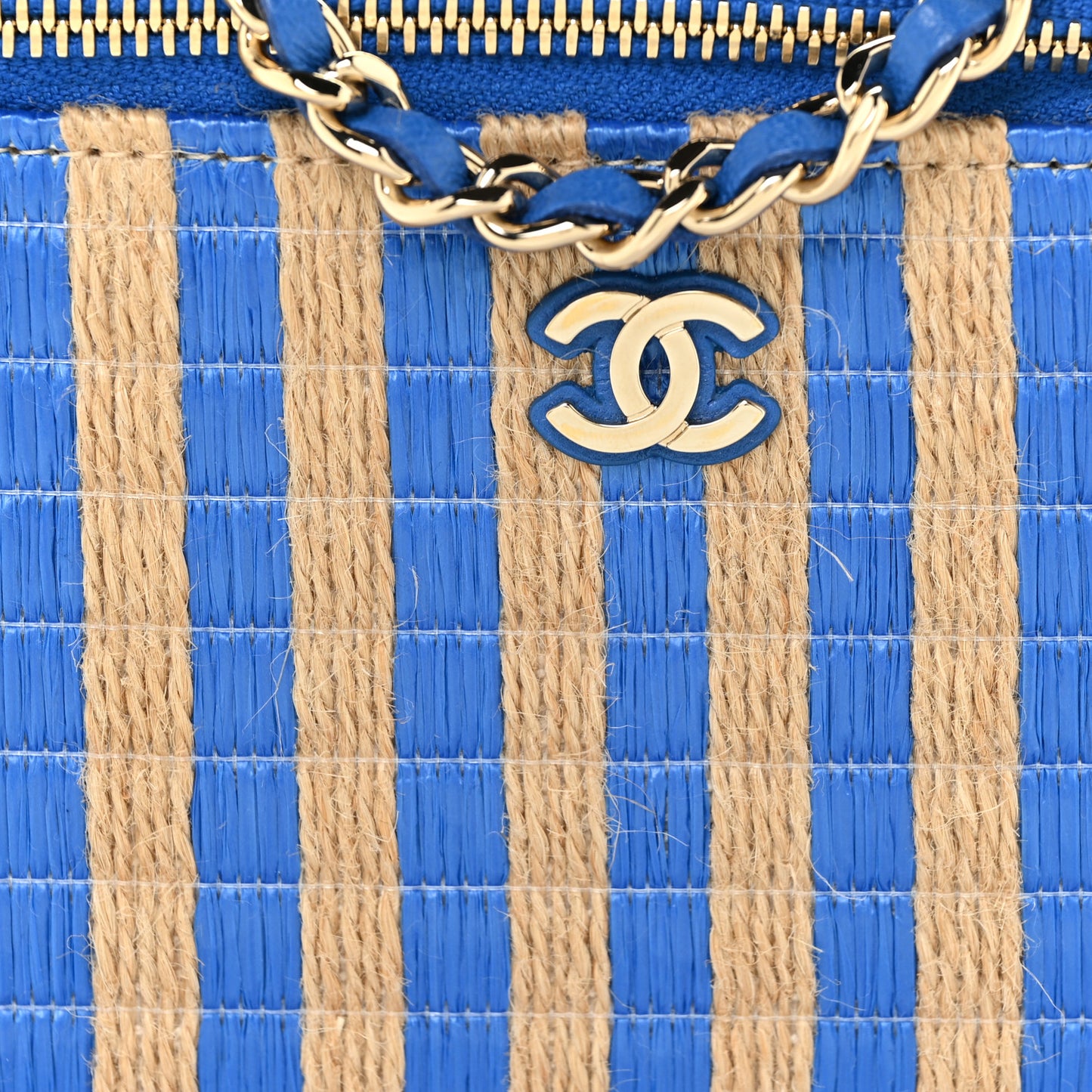 Raffia Jute Striped Small Vanity Case With Chain Blue Beige