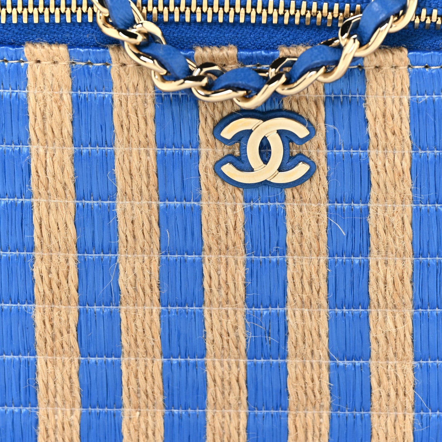 Chanel Raffia Jute Striped Small Vanity Case With Chain Blue Beige 8 of 14