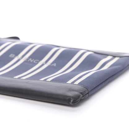 Balenciaga Calfskin Cotton Canvas Striped Logo Clutch Navy 10 of 11