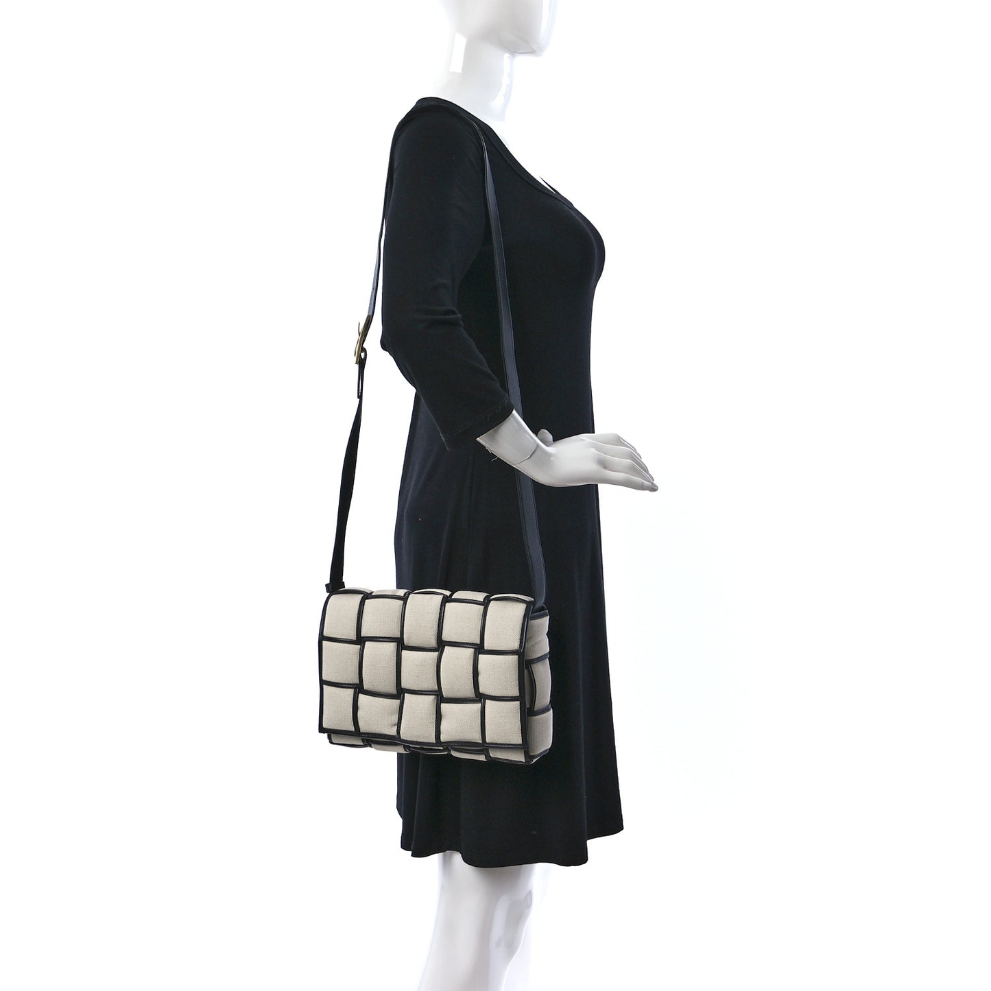 Canvas Intrecciato Padded Cassette Crossbody Bag Natural Black