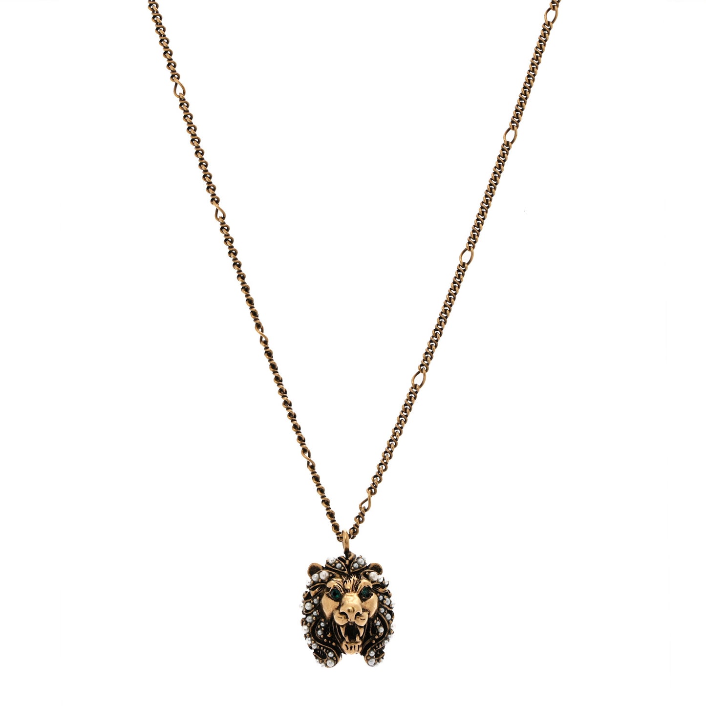 Metal Pearl Crystal Lion Head Necklace Aged Gold Multicolor