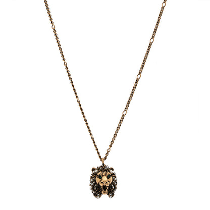 Gucci Metal Pearl Crystal Lion Head Necklace Aged Gold Multicolor 1 of 7